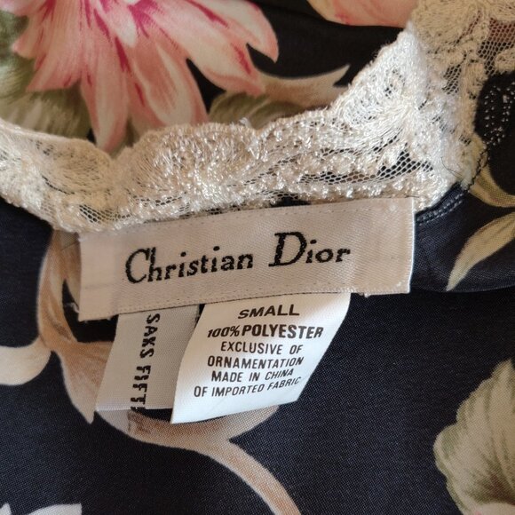 Vintage Sateen Black/Pink Floral Christian Dior Robe with Lace Trim - Picture 6 of 10